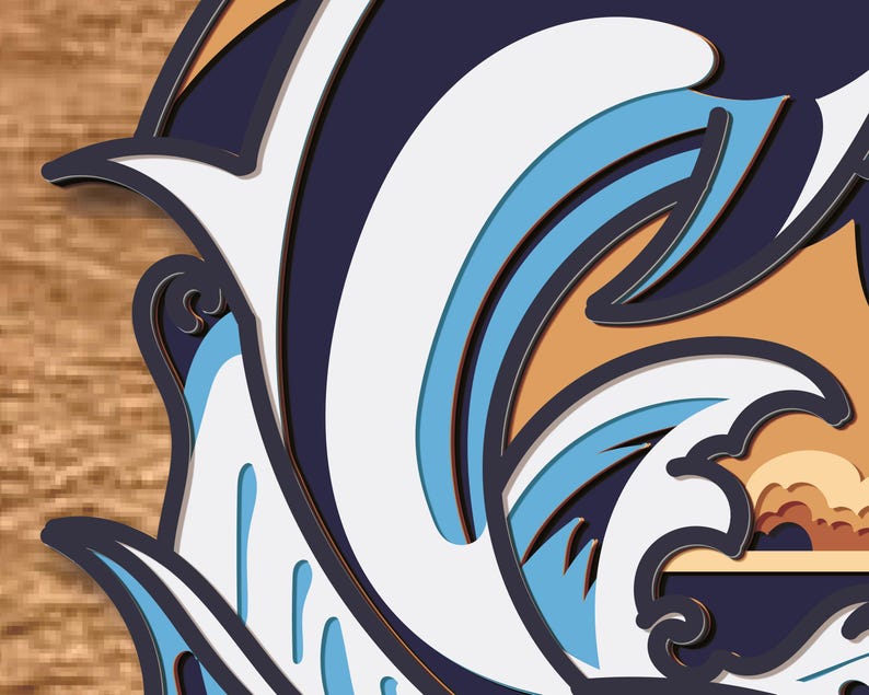 May include: A stylized illustration of a blue and white wave crashing against a brown and orange background. The wave is depicted in a layered, paper-cut style, creating a three-dimensional effect.