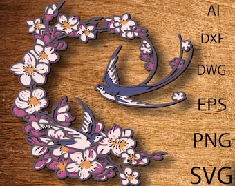 Cherry Blossoms Multilayer SVG File: 3D Laser Cut Wall Decor (Digital Download)