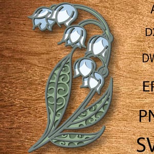 Peut inclure: Un motif floral en couches représentant des fleurs de muguet blanches et bleu clair, avec des feuilles et des tiges vertes. L'image comprend les étiquettes textuelles : AI, DXF, DWG, EPS, PNG et SVG.