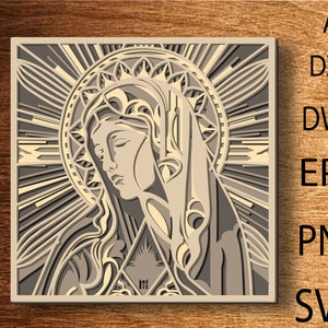 Vergine Maria multistrato SVG, file di taglio della Vergine Maria, strato 3D tagliato al laser della Vergine Maria, taglio del compensato, taglio della carta, file SVG, compensato mandala 3D
