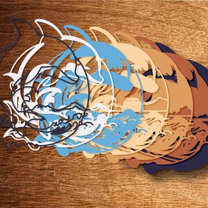 May include: A layered design featuring a stylized dolphin jumping over waves. The design is in shades of blue, white, brown, and black. The background is a wood grain texture.