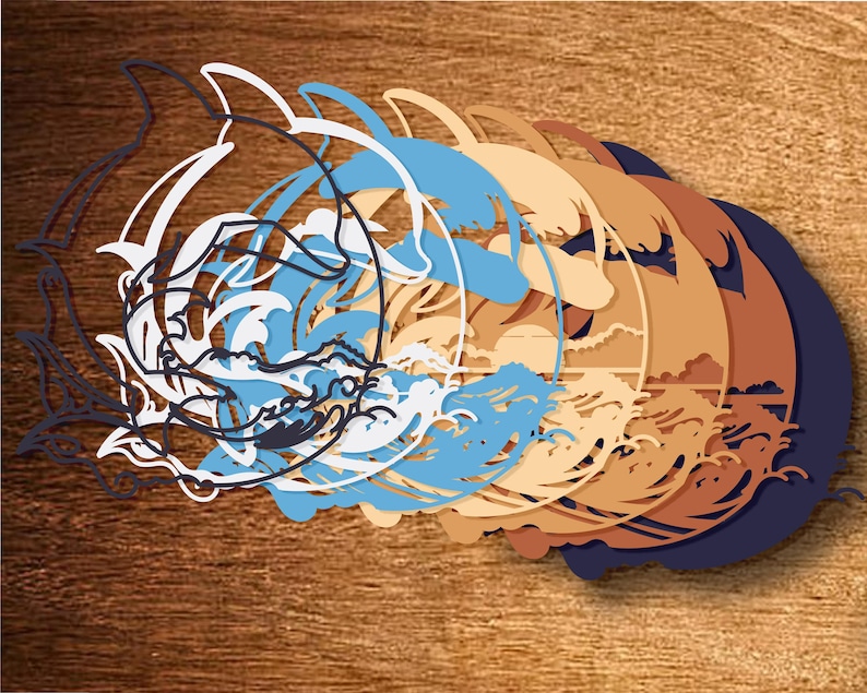 May include: A layered design featuring a stylized dolphin jumping over waves. The design is in shades of blue, white, brown, and black. The background is a wood grain texture.