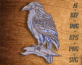 Raven Multilayer SVG,Laser cut file,3D layered DXF laser cut,Raven Mandala,Raven Plywood cut,Raven Paper cut,Raven CNC,Raven Home decor