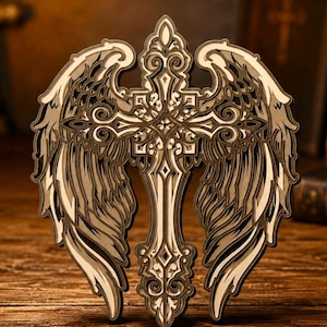 May include: A multi-layered wooden wall art piece featuring a central ornate cross flanked by two detailed feathered wings. The design uses varying shades of brown and cream to create depth, with intricate scrollwork and cutouts throughout the structure.