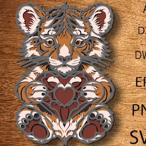 Baby Tiger Multilayer SVG F, 3D-Schichttiger, Multilayer-Svg-Dateien, Tiger Papierschnitt, Wildtier SVG, Tiger DXF, Laserschneiden, Tiger Sperrholz geschnitten