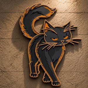 May include: A layered wall art piece featuring a stylized black cat with bright orange eyes and orange accents on its fur. The cat is depicted in a walking pose with its tail arched upward, showcasing a dimensional design with depth and shadow.