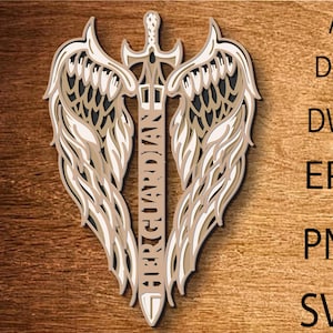 May include: A laser cut design featuring a sword with wings and the words "Fiery Guardian" on the blade. The design is in a white and black color scheme.