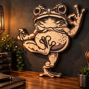 May include: A multi-layered wooden wall art piece depicting a frog in a yoga pose. The frog is crafted from stacked layers of light and dark wood, creating a dimensional effect. It is shown balancing on one leg with arms raised in a gesture.