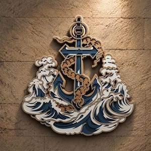 May include: A multi-layered wall art piece featuring a central dark blue anchor wrapped in a tan rope, surrounded by stylized white and dark blue ocean waves. The design is constructed with stacked cutouts creating depth and dimension.