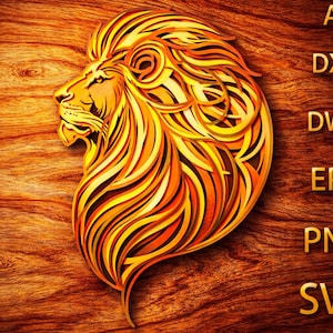 May include: A layered, golden lion head design with a flowing mane, set against a wood grain background. The image includes text labels: AI, DXF, DWG, EPS, PNG, and SVG, suggesting digital design file formats.