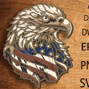 Adler und Flagge SVG, amerikanische Flagge, Weißkopfseeadler, Laser Cut Datei, Multilayer, DIY schneiden, Glowforge, Holztier, Wanddekor