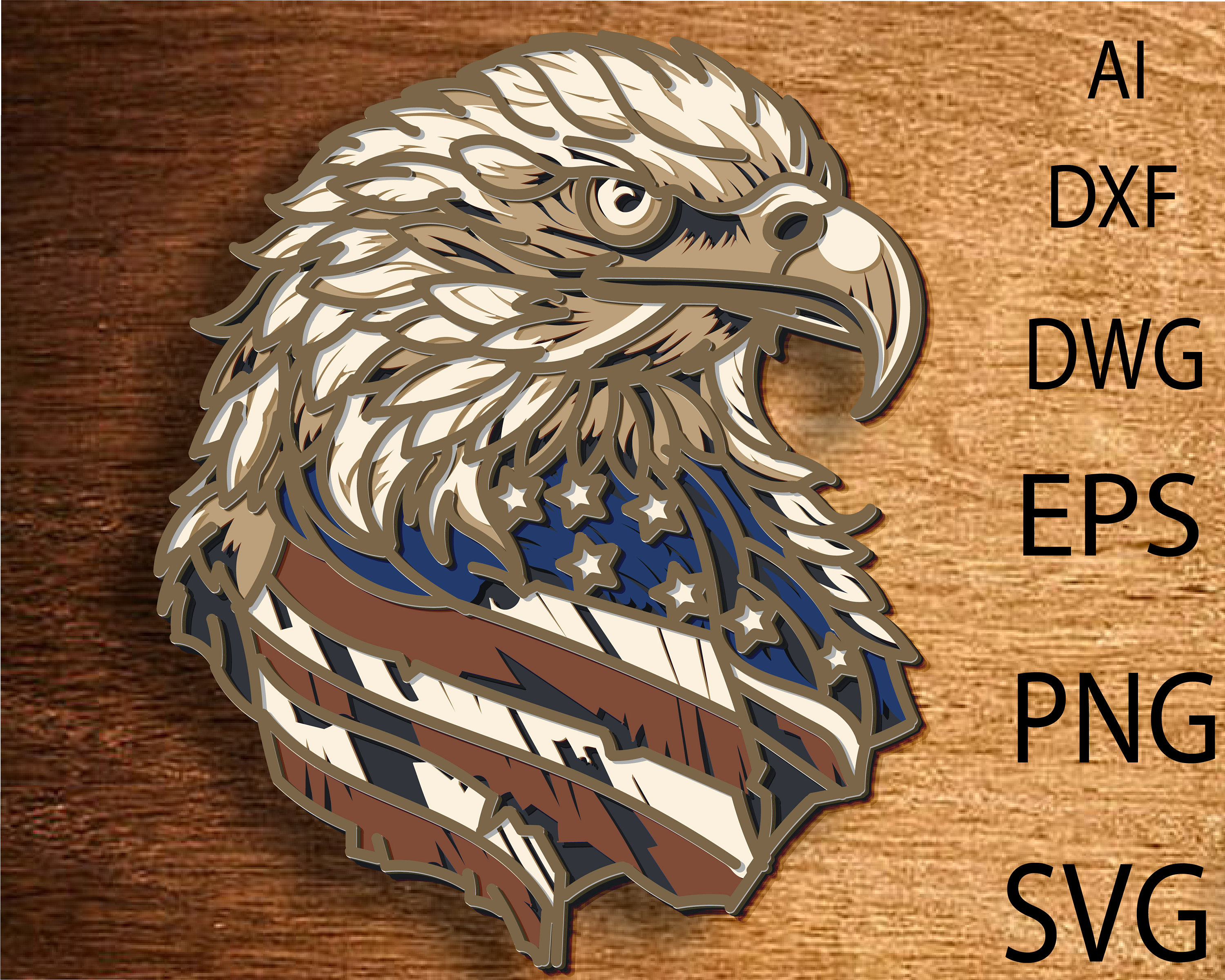 Eagle and Flag SVG, American Flag, Bald Eagle, Laser Cut file, Multilayer, DIY Cutting, Glowforge, Wooden Animal, Wall Decor