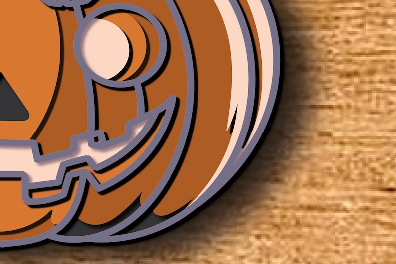 May include: A layered, orange pumpkin design with a carved face, featuring a black shadow and a light beige interior. The pumpkin is set against a wooden background, creating a Halloween theme.