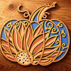 May include: A multi-layered wooden wall art piece shaped like a pumpkin, featuring intricate laser-cut designs of sunflower petals and swirling vines. The layers are coloured in shades of orange, yellow, and light blue, creating a dimensional effect.