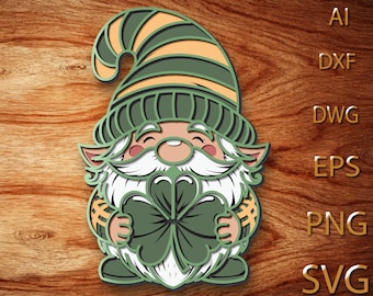 May include: A layered gnome design holding a four-leaf clover, featuring a green and yellow striped hat, a white beard, and a smiling face. The design is set against a wood grain background, with file type labels on the right.