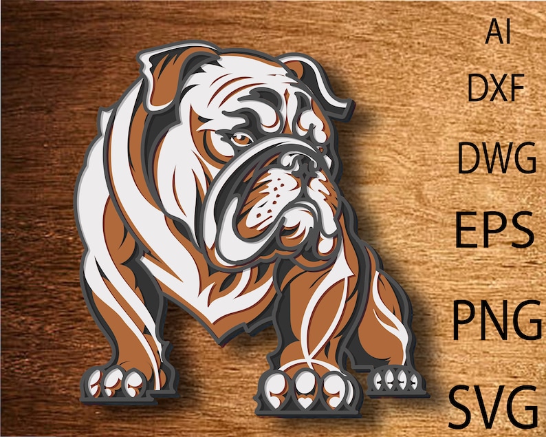 May include: A brown and white bulldog with a serious expression, standing on a woodgrain background. The bulldog is drawn in a cartoon style with exaggerated features.