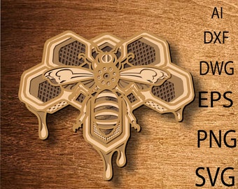 3D Bee Mandala SVG File, 3D Layered Bee, Zentangle Multilayer, Mandala Multilayer, Bee SVG File, Bee DXF, Laser Cutting
