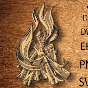 Puede incluir: Una ilustración detallada de una fogata con llamas que se elevan de una pila de troncos. La imagen está en un estilo vintage con un fondo de madera marrón.