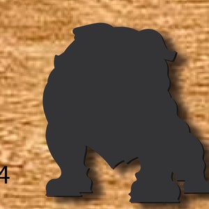 May include: Silhouette of a bulldog, in black, against a woodgrain background.