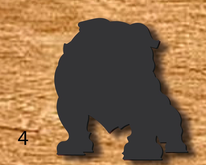 May include: Silhouette of a bulldog, in black, against a woodgrain background.