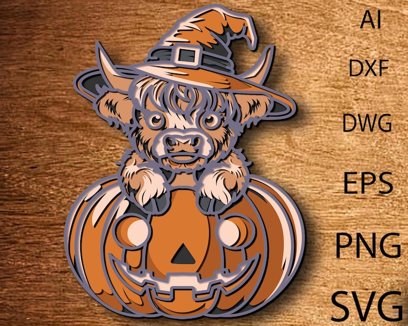 May include: A layered illustration of a Highland cow wearing a witch's hat, perched atop a carved pumpkin. The cow is brown and tan, with a gray hat and pumpkin. The image includes the text "AI, DXF, DWG, EPS, PNG, SVG".