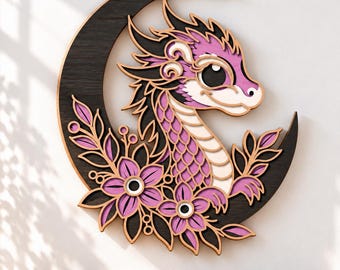 Dragon Moon Multilayer SVG, Laserschnittdatei, 3D-Sperrholzdrache (Digitaler Download)
