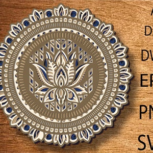 File SVG Mandala di loto 3D, loto a strati 3D, file SVG multistrato, carta tagliata di fiori di loto, SVG di loto, DXF di loto, taglio laser, taglio di compensato di loto