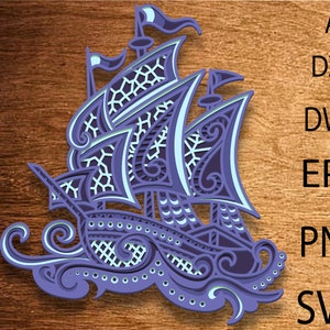 May include: An intricate, detailed, laser cut design of a ship sailing on waves. The ship is purple and white and has a large sail and a small mast. The waves are stylised and have a swirling pattern.