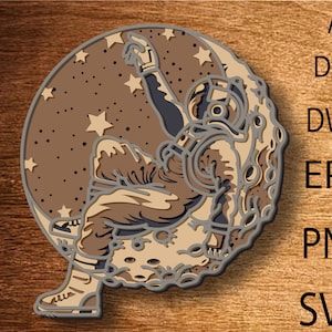 Astronauta e Lua Multicamadas svg, arquivo de corte, Camada 3D de corte a laser de ampulheta, Corte de madeira compensada, Corte de papel, arquivo SVG, Madeira compensada de mandala 3D
