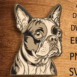 Boston terrier dog multicamadas SVG. Arquivo digital Boston terrier dog laser file. Arquivo para corte de papel. DXF, Arte de parede de cachorro. Corte de madeira compensada