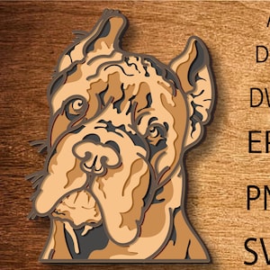 May include: A detailed illustration of a dog's head, with a brown and black color scheme. The dog has a large, wrinkled nose and floppy ears.
