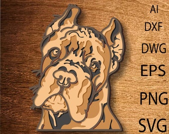 May include: A detailed illustration of a dog's head, with a brown and black color scheme. The dog has a large, wrinkled nose and floppy ears.