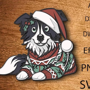 May include: A layered illustration of a Border Collie wearing a Santa hat and a Christmas sweater. The dog has black and white fur, green eyes, and a red and green sweater. The image includes text: AI, DXF, DWG, EPS, PNG, SVG.