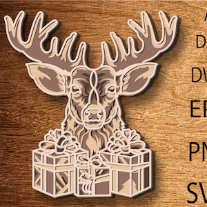 Weihnachtshirsch Multilayer SVG, Digitale Datei Weihnachtshirsch 3D zum Schneiden von Sperrholz, Datei für Papierschnitt, DXF, PNG, Weihnachtshirsch 3D