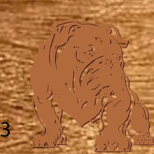 May include: A brown silhouette of a bulldog standing on a woodgrain background.