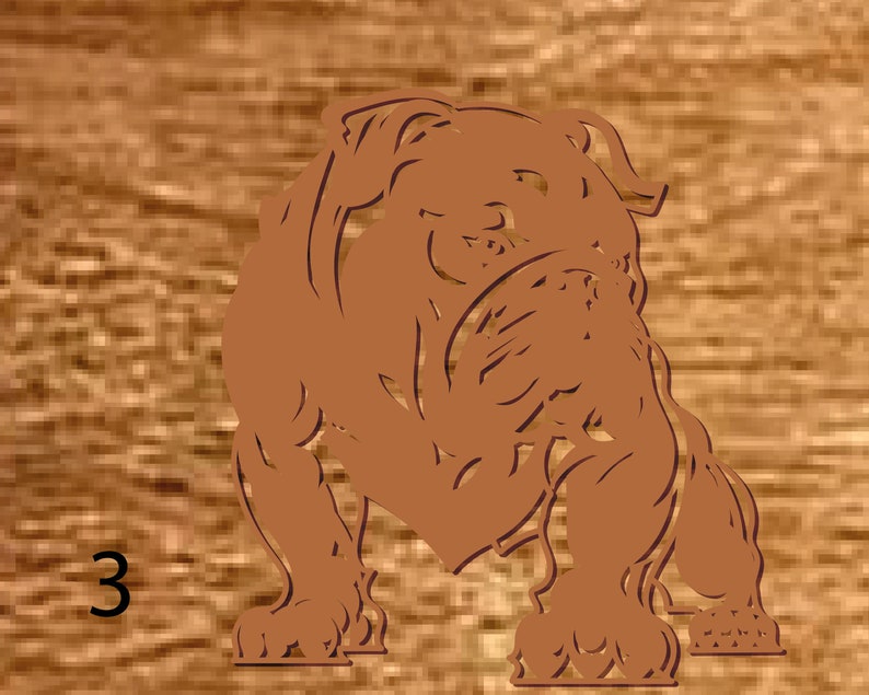 May include: A brown silhouette of a bulldog standing on a woodgrain background.