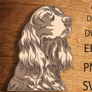 Pode incluir: Uma ilustração detalhada de um cão castanho e branco com pelo longo e fluente. O cão está olhando para a direita e tem uma expressão séria no rosto.