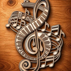 May include: A layered wooden wall art piece featuring a large treble clef integrated with piano keys and various musical notes. The design uses shades of brown, cream, and dark wood tones to create a three-dimensional effect with depth.