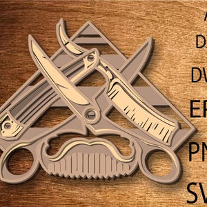 Puede incluir: Una ilustración estilizada de herramientas de barbero, que incluyen una navaja de afeitar, un peine y un par de tijeras, con un fondo a rayas.