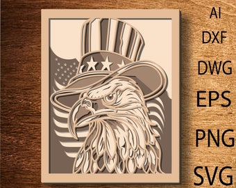 Aigle et drapeau SVG, drapeau américain, pygargue à tête blanche, fichier découpé au laser, multicouche, découpe bricolage, Glowforge, animal en bois, décoration murale