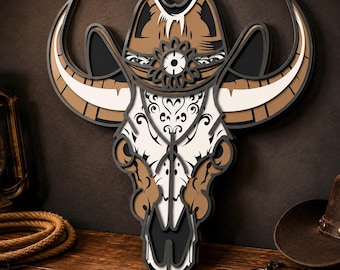Lasergeschnittene Datei für Kuhschädel, Western Boho Mehrschicht-SVG, 3D-Bison-Sperrholzdesign (digital)