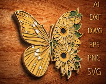Diseño SVG de mariposa girasol, archivo de corte láser en capas, decoración de madera (descarga digital)