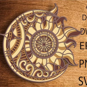 Mandala 3D Sole e Luna SVG, file SVG a strati 3D, file SVG multistrato, taglio carta, file SVG Sole e Luna, file DXF, taglio laser, taglio compensato, arredamento per la casa