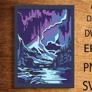 May include: A digital illustration of a mountain landscape with a river flowing through it. The sky is a deep purple with streaks of pink and blue, resembling the aurora borealis. The mountains are a light blue and white, and the river is a light blue.