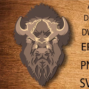 May include: A detailed illustration of a brown and tan bison head with a fierce expression. The bison's horns are curved and pointed, and its eyes are wide and alert. The illustration is in a stylized, almost cartoonish style, with exaggerated features.