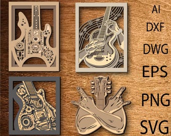 May include: Three digital cut files of a guitar with intricate details. The first file shows a guitar with a detailed design, the second file shows a guitar with musical notes, and the third file shows a guitar with hands holding it.