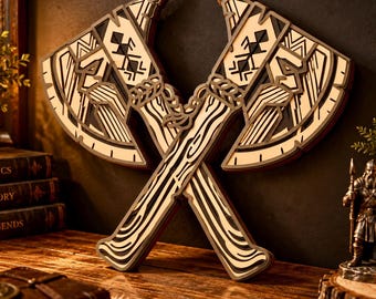 May include: A layered wooden wall art piece featuring two crossed axes. The design incorporates intricate geometric patterns, dark and light wood tones, and a carved wood grain texture on the handles, creating a dimensional appearance.