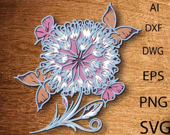 May include: A layered floral design with butterflies in shades of pink, blue, and brown. The design includes the file types AI, DXF, DWG, EPS, PNG, and SVG.
