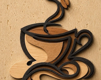 Taza de café multicapa SVG/Archivo de corte láser de café/Decoración de madera CNC/Archivo Glowforge