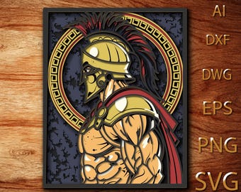 SpartanWarrior SVG multicapa, Soldado griego cortado con láser, Archivo de corte de papel, Corte DIY, Glowforge